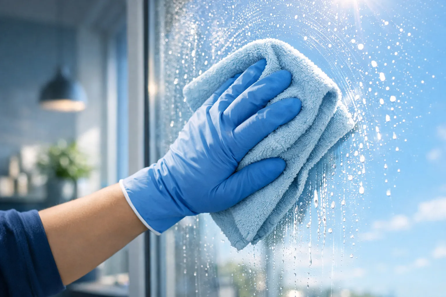 Hand mit blauer Gummihandschuhen wischt eine Fensterscheibe mit einem Tuch, es ist sonnig draußen, die Scheibe ist nass.